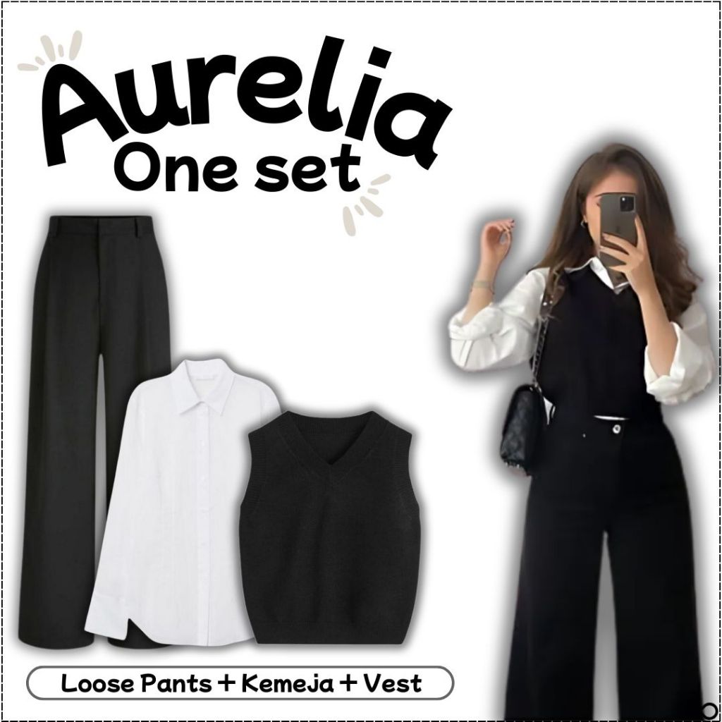 Aurelia Oneset Wanita 3in1 (Kemeja putih, vest hitam, dan celana hitam) OOTD Remaja Kekinian - FS13