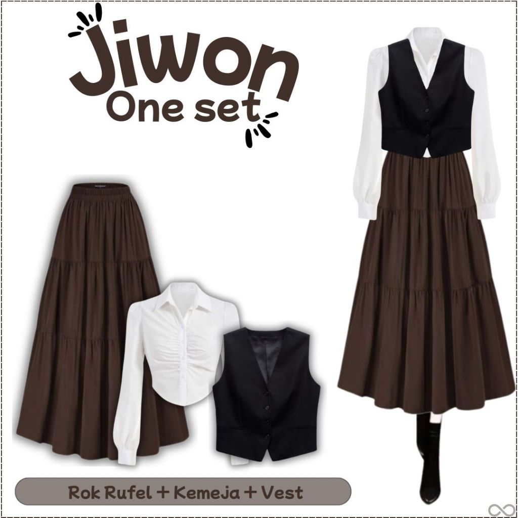 Jiwon Set 3in1 (Kemeja Putih, Vest Hitam, dan Rok Coklat) OOTD Vintage Outfit - FS11