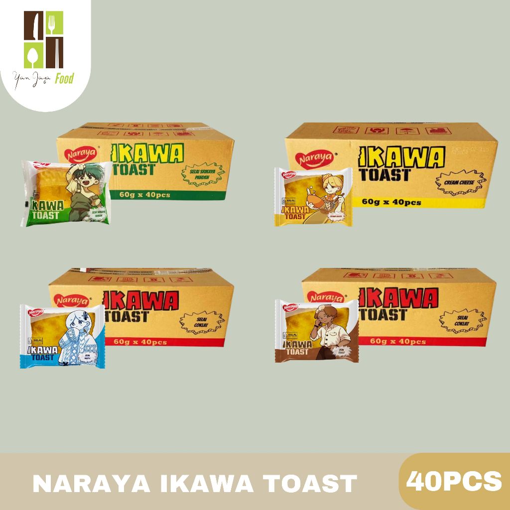 

Naraya Ikawa Toast / Roti Panggang Cream Cheese / Selai Vanila / Selai Coklat / Selai Srikaya Pandan 60G 1 Carton / 40 PCS