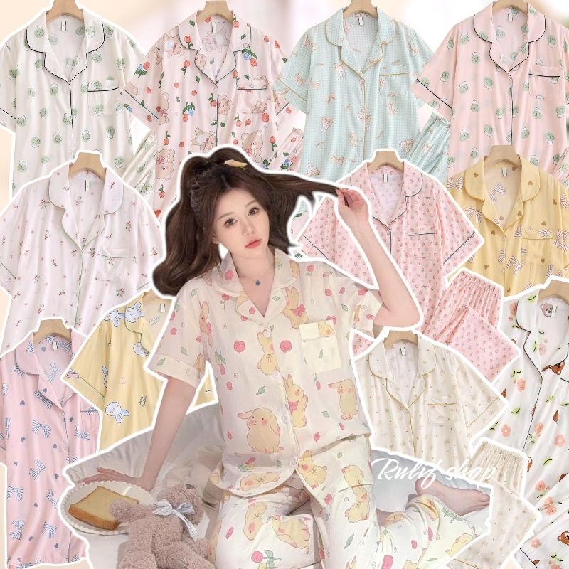 Rulif Baju tidur wanita lengan pendek Rayon adem L/XL | setelan kancing Katun rayon celana panjang