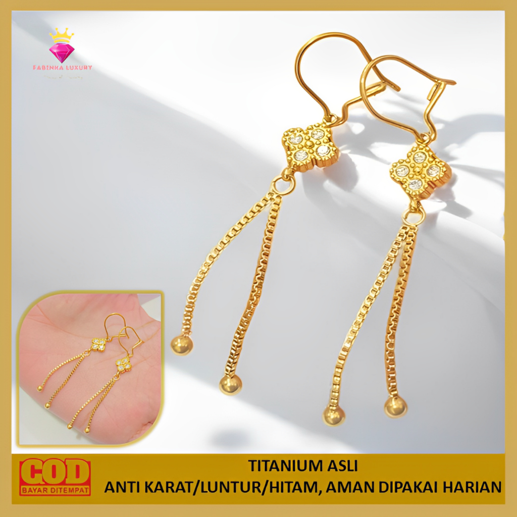 Anting Titanium Jurai Bunga Clover Mata Putih Panjang Anti Karat Tidak Luntur Aman Dipakai Saat Mani