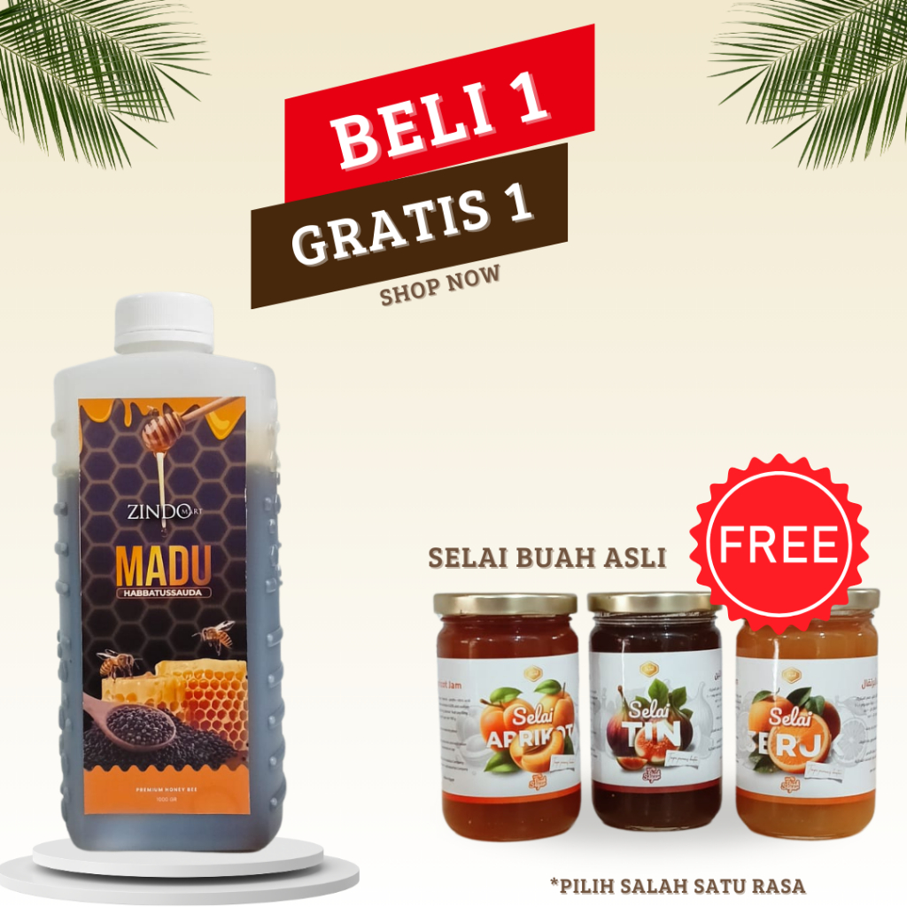 

PROMO BUY 1 GET 1 / MADU HABBATUSSAUDA 1KG FREE SELAI BUAH 320GR / BELI 1 GRATIS 1