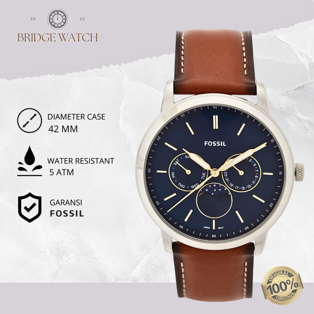 Jam Tangan Pria Fossil FS5903 Neutra Moonphase Chronograph Brown Leather Strap Coklat Kulit Original