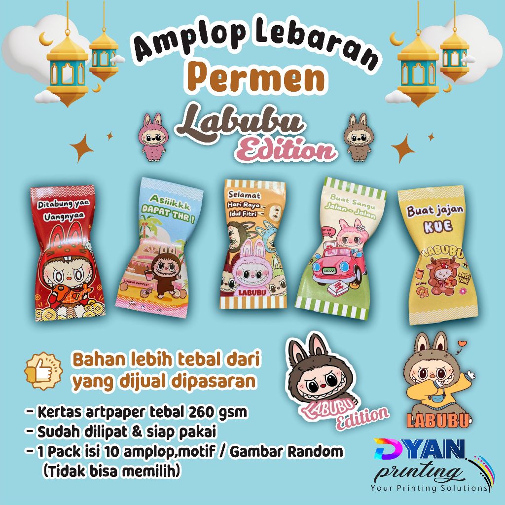 

1 PACK ISI 10 LABUBU AMPLOP LEBARAN BENTUK PERMEN VIRAL KEKINIAN READY TANPA PO