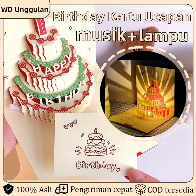 5 lapisan Lampu + Musik kartu ucapan ulang tahun Pop Up 3D Bentuk Kue Ulang Tahun Hadiah Ulang Tahun