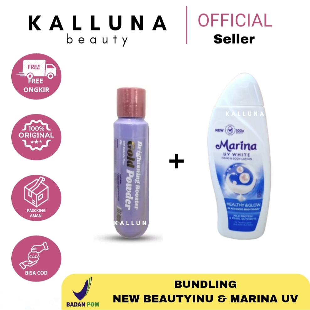 [BUNDLING] Marina UV White Lotion 185ml & Beautyinu Gold Powder Serbuk Pencerah Badan & Wajah 25gr