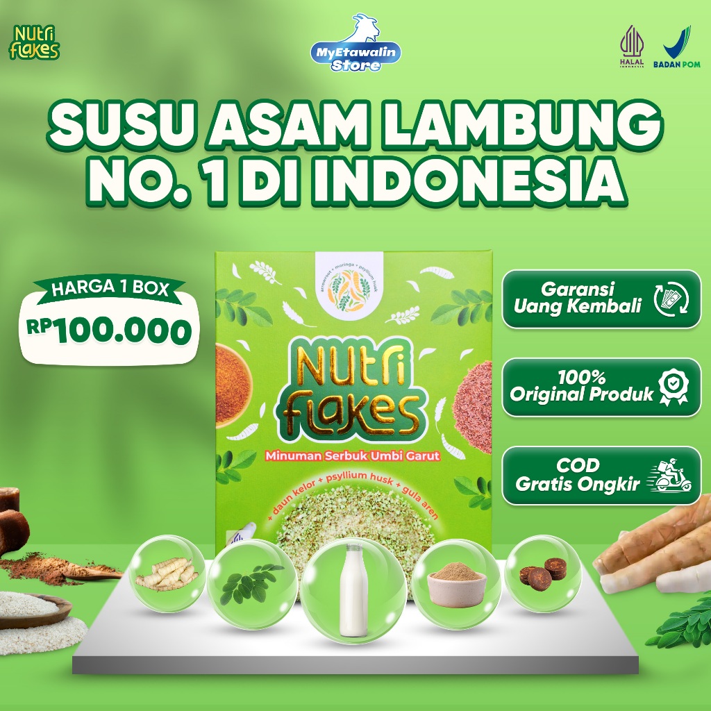 

Nutriflakes Sereal Umbi Garut Efektif Untuk Diet Dan Sembuhkan Asam Lambung Original 1 Box 200gr