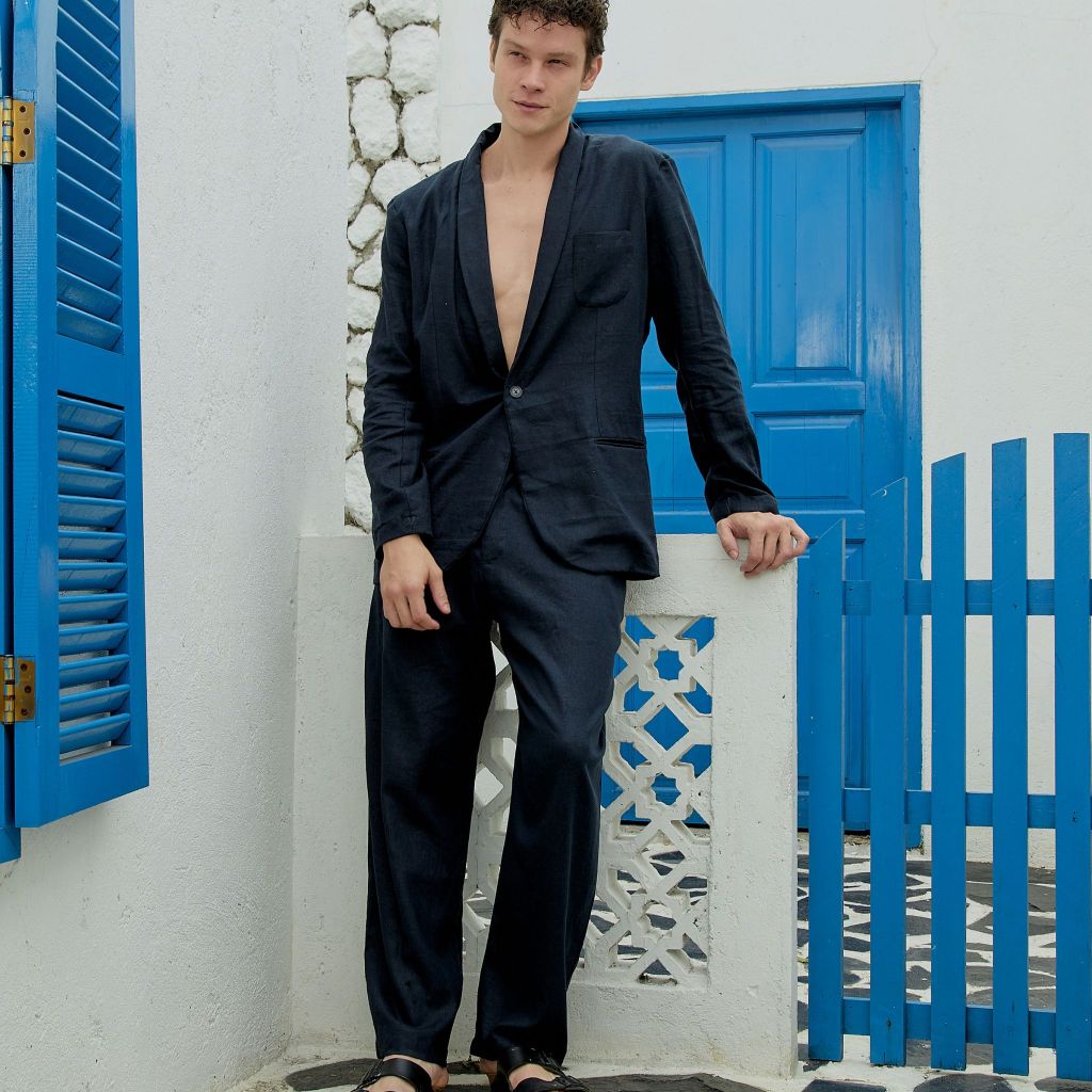 REMEDY Outer Linen Set Pria Panjang Warna Biru Navy - Durban Linen Blazer