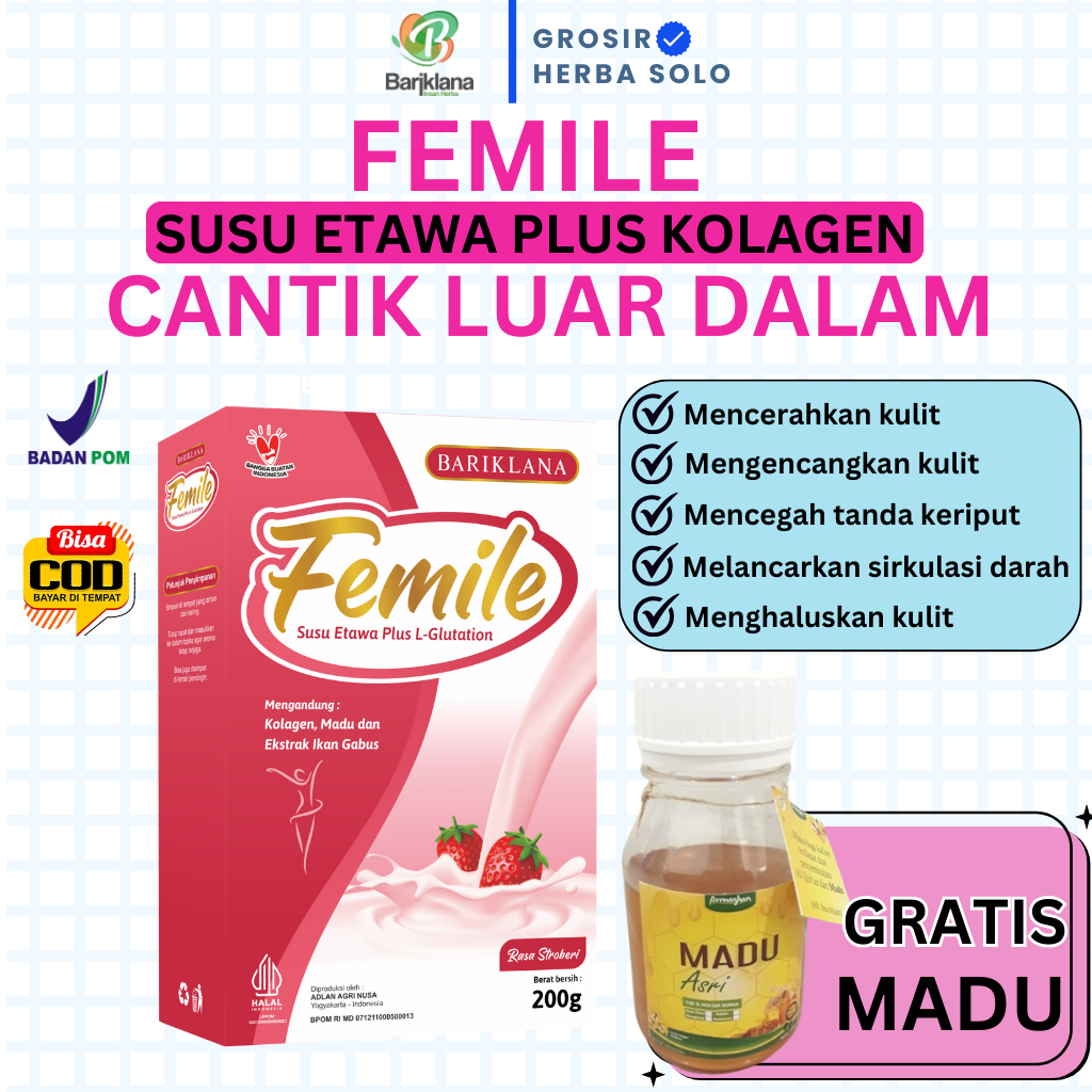 

[ BISA COD + GARANSI ] [ GRATIS MADU ] FEMILE Susu Etawa Plus L-Gluthatione dan Kolagen | Susu Etawa untuk Kecantikan dan Mencerahka Kulit