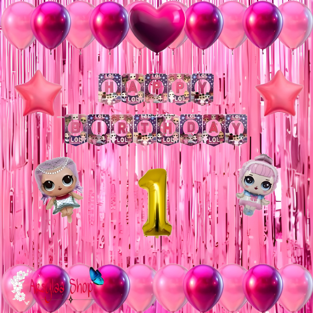 Paket Dekorasi Banner HBD Segilima Ulang Tahun Anak Cewek Cowok Karakter LOL Free Lem Balon