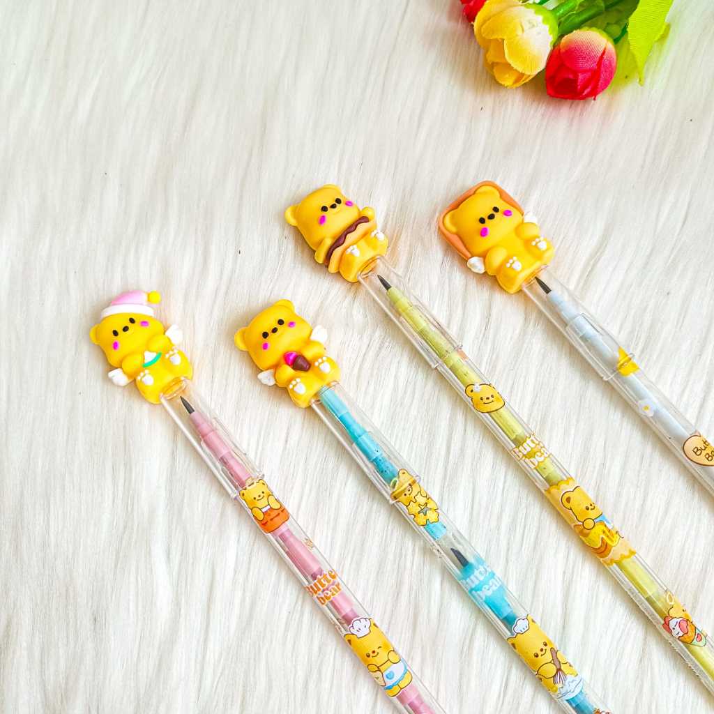 

ATH (12 Pcs) Pensil Butter Bear Susun Bensia Lantu Beruang Pencil Bisa Diisi Ulang Pop Mart Teddy