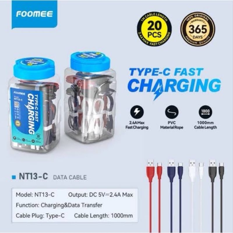 FOOMEE NT13-C / KABEL DATA TYPE-C  2.4A 100CM FAST CHARGING ORIGINAL FOOMEE ( 1 TOPLES ISI 20 PCS )