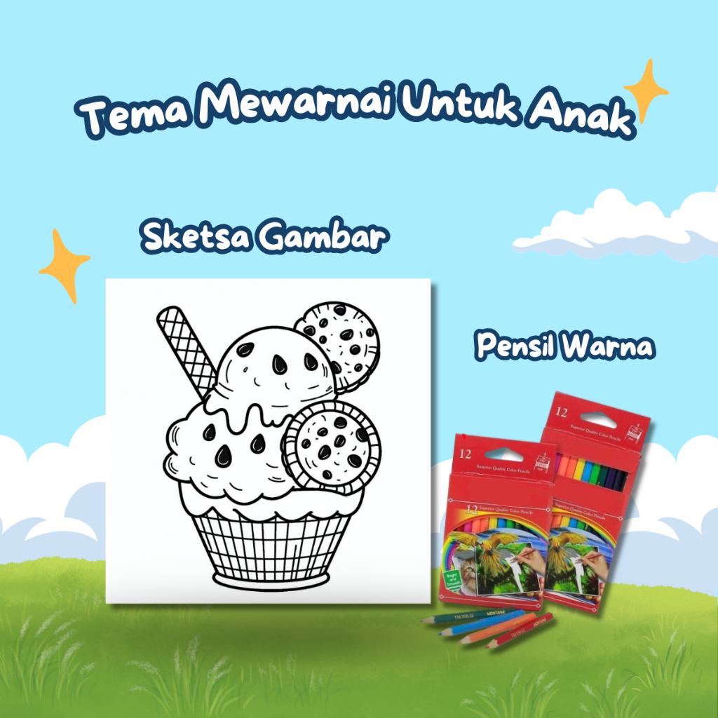 

Kertas Gambar Mewarnai Untuk Anak Tk & Paud Tema : Es Krim Isi 20 Lembar Mewarnai + Pensil Warna