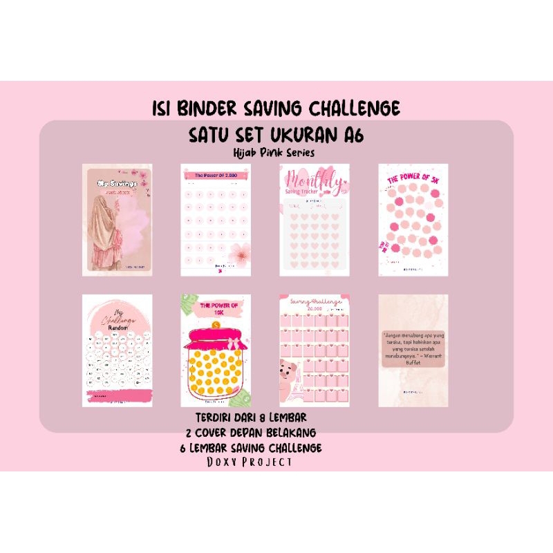 

8 Lembar | Doxy Project Isi Binder Saving Challenge || Tantangan menabung satu Set Ukuran A6 Hijab Pink Series custom request nama