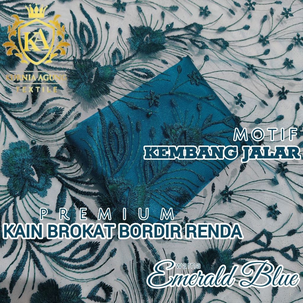 1/2 Meter Bahan Kain Brokat Motif Kembang Jalar warna EMERALD BLUE GREEN TURQUISE Premium Seragam Dr