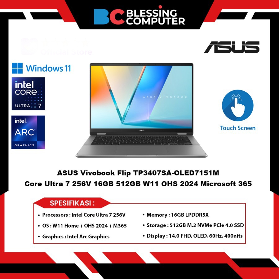 ASUS Vivobook Flip TP3407SA-OLED7151M Core Ultra 7 256V 16GB 512GB W11 OHS 2024 Microsoft 365