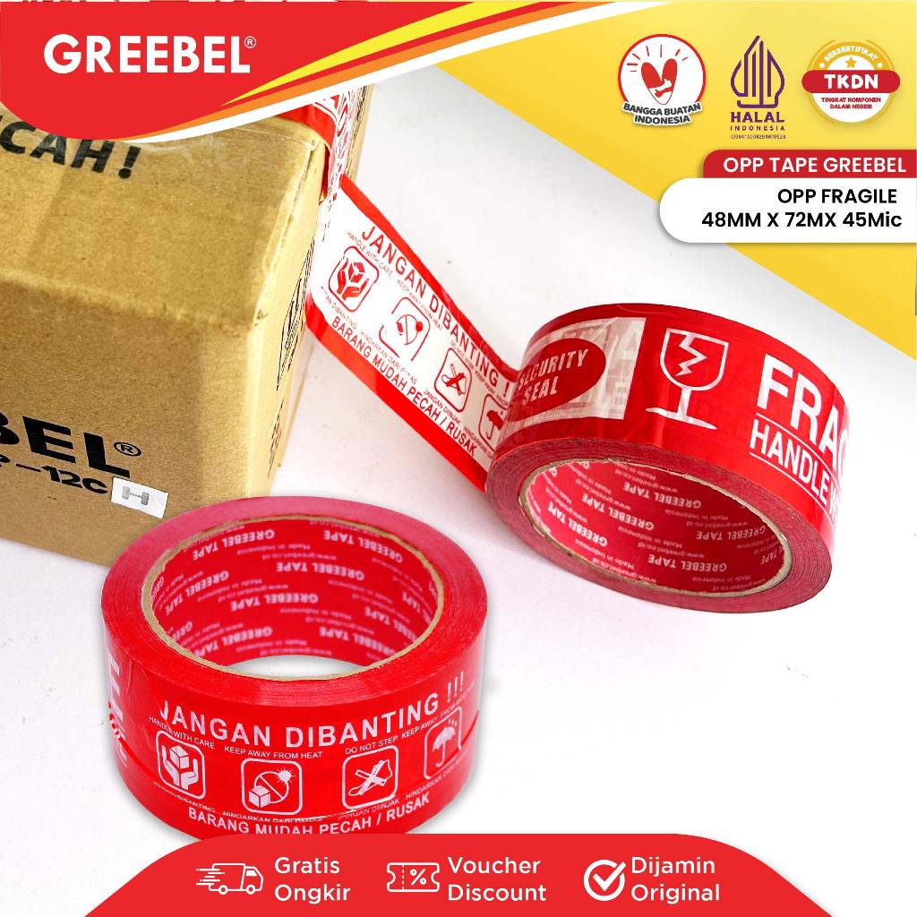 

GREEBEL Lakban Fragile / Selotip Fragile 48 MM X 72 YARD (PER PCS) / Opp Tape