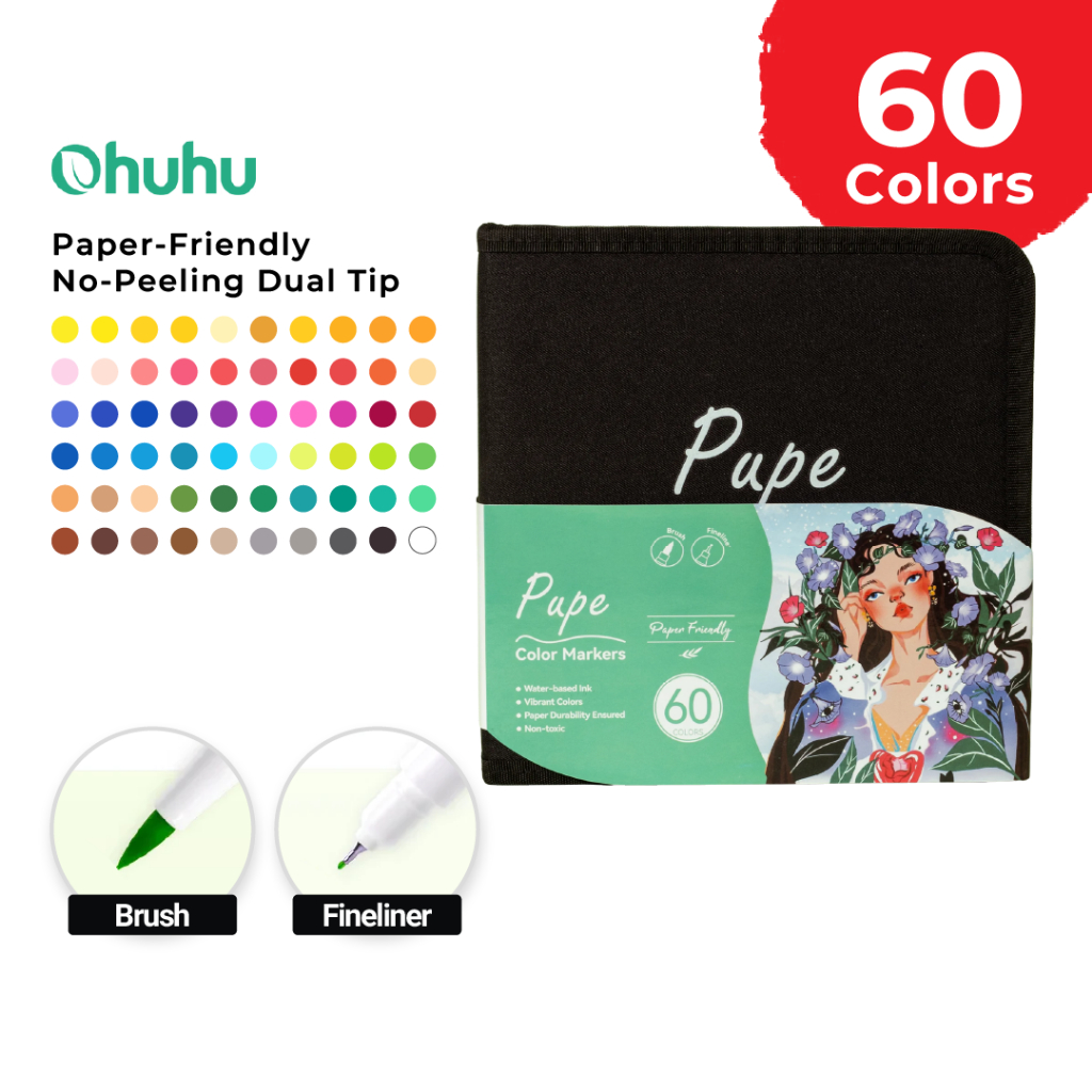 

OHUHU Pupe Paper Friendly No Peeling Dual Tip Brush & Fineliner Watercolor Markers 60 Colors
