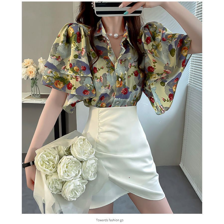 kemeja kerja wanita korea import motif bunga T8529