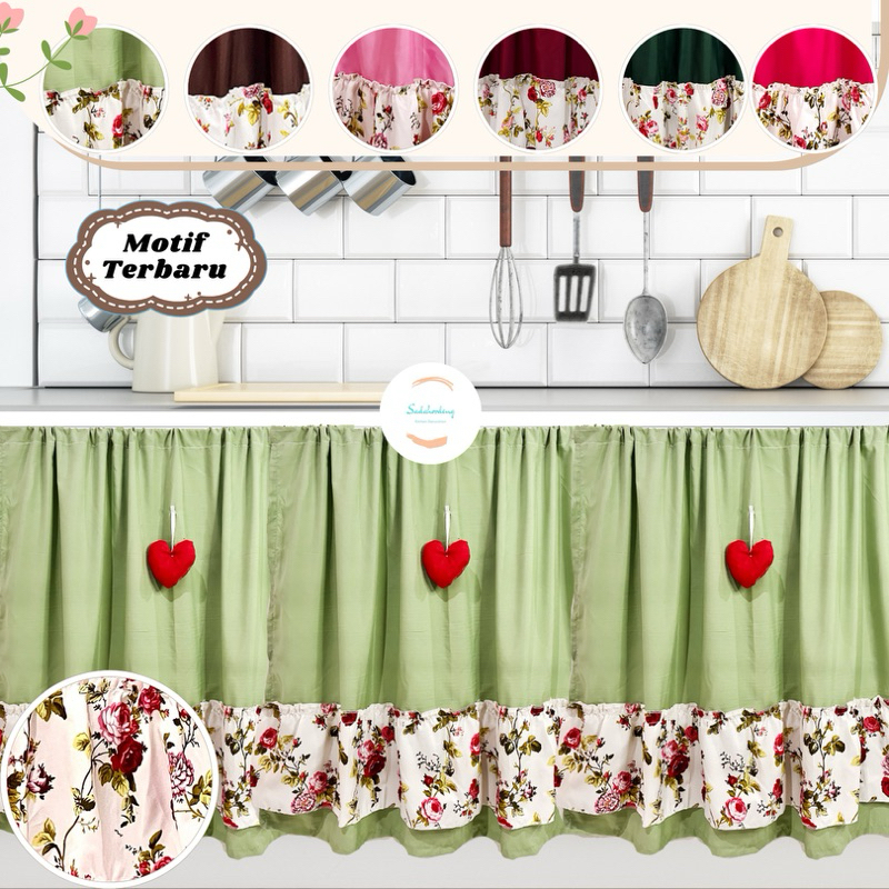 Gorden Kolong Dapur Rumbai Bawah Tirai Kolong Dapur Hordeng Bunga love Minimalis free Tali dan Paku
