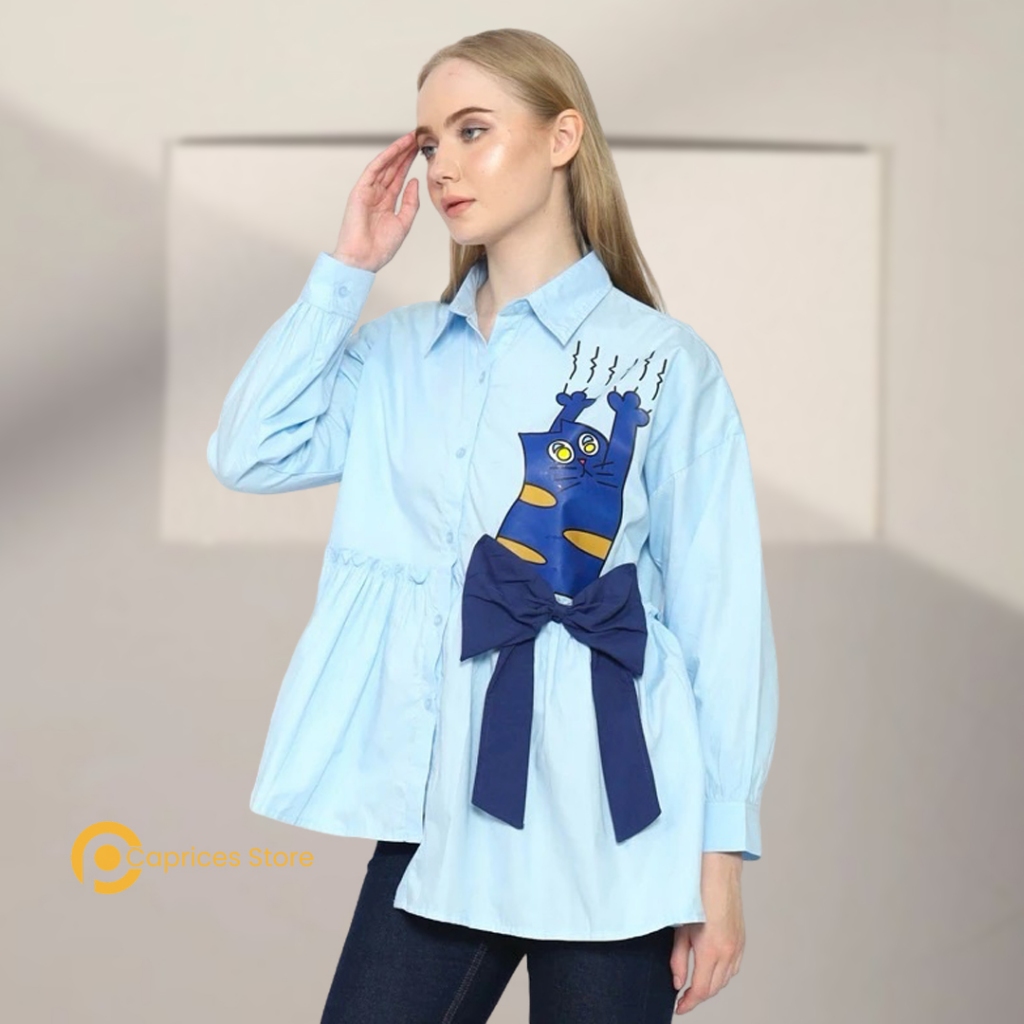 CAPRICES Laurel Kemeja Gambar Kucing Pita Lucu - Atasan Kemeja Style Jepang Korea