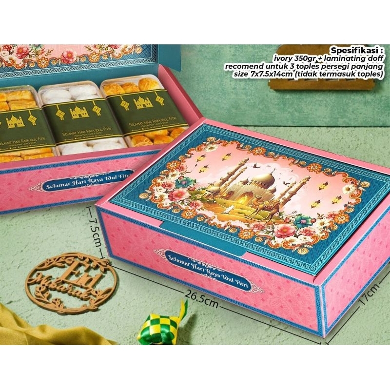 

box premium dus souvenir kue lebaran Idul fitri (26,5x17x7,5cm) dus 3 toples persegi panjang 350gr dus hampers Idul fitri