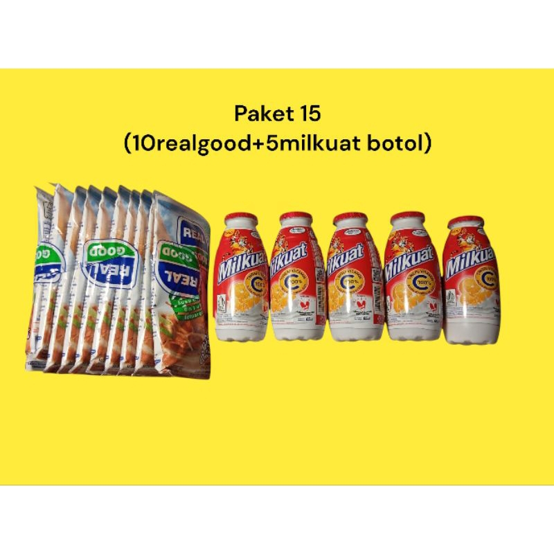 

paket 15mix(5 milkuat botol strawberi/jeruk&10 realgood cokelat)