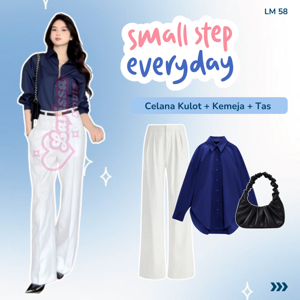 Setelan Baju Kantor Wanita Kemeja Rayon Celana Kulot Jennie Knit Pants Shoulder Bag Isla LM56