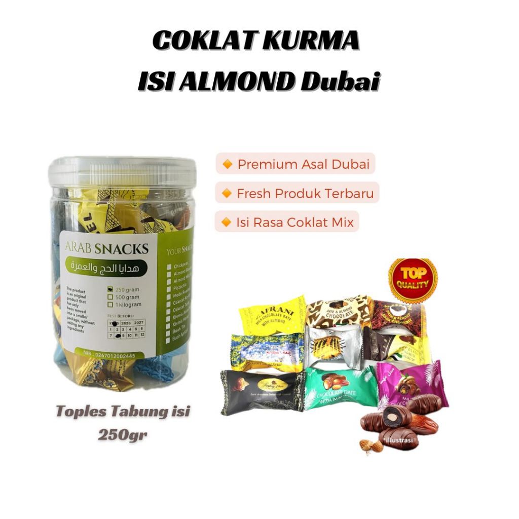 

COKELAT KURMA ALMOND 250gr Dates Almon Chocolate Dubai Premium Coklat Date isi Kacang Almon Arab