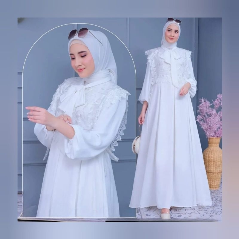 Gamis Queene Dress Mewah Elegan Warna Putih Lebaran Crinkle Airflow Mix Brukat Pesta Muslim Kekinian