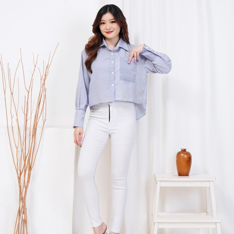 Kemeja Crop Salur Wanita | Sunny Striped Shirt | Haku