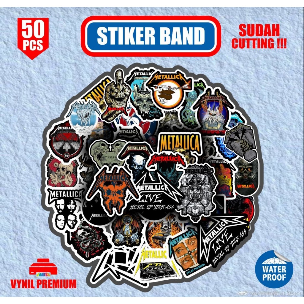 

Stiker Band Metalica isi 50pcs stiker pack stiiker case decorasi helm hp laptop notebook tumblr tinggal tempel