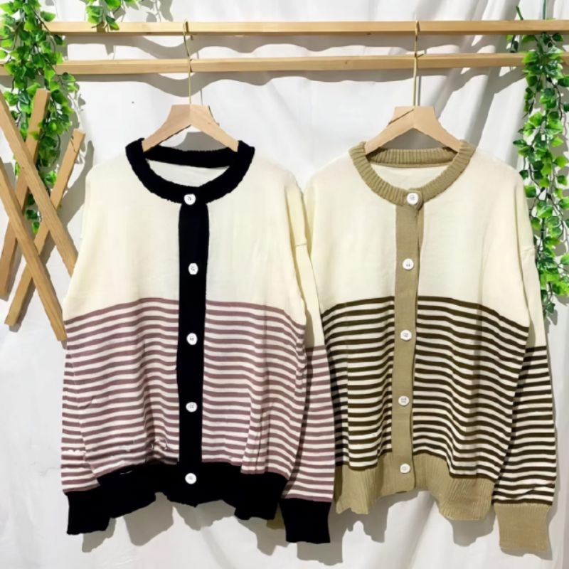 HOPPES Cardigan Rajut Wanita Korean Style Motif Garis / Cardigan Aesthetic / Cardigan Knit
