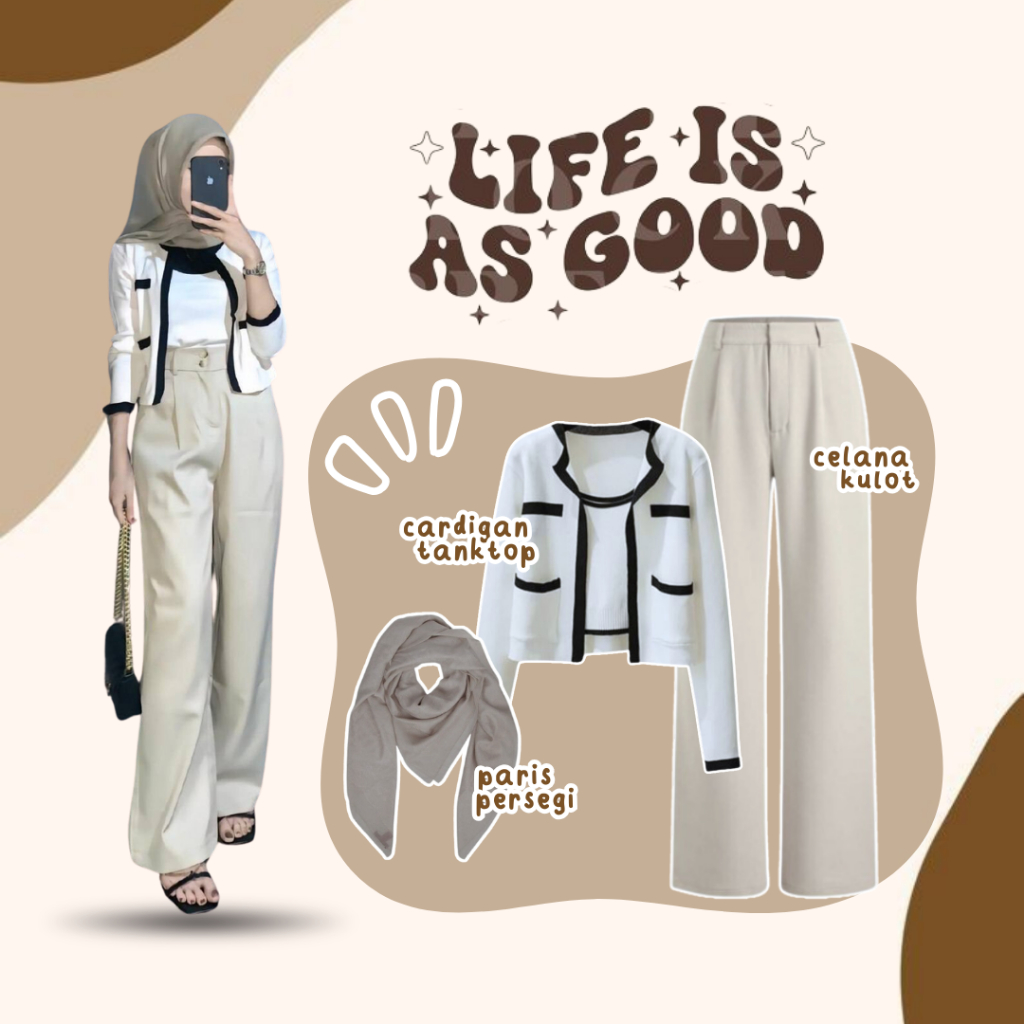 3in1 - One Set Outfit Wanita Hijab Paris Premium, Setelan Cardigan Tanktop Kekinian & Kulot Knit 54B