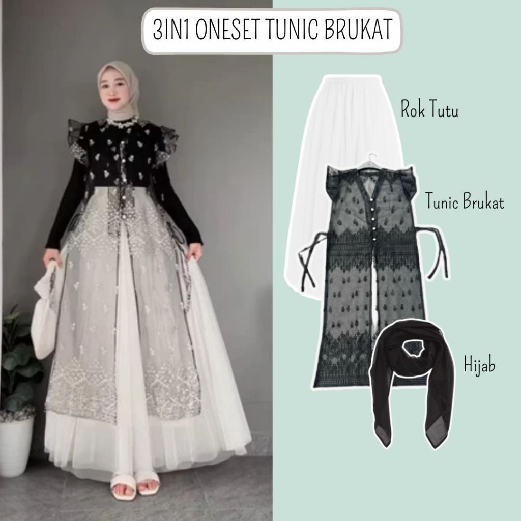 Set Outer Tunik Brukat Sapto Kondangan 3in1 Tunic Brukat+Rok tutu+Hijab Setelan Wanita Korean Look -