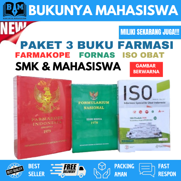 PAKET 3 BUKU FARMASI DASAR FARMAKOPE INDONESIA EDISI 3 FORMULARIUM NASIONAL FORNAS ISO OBAT FARMAKOP
