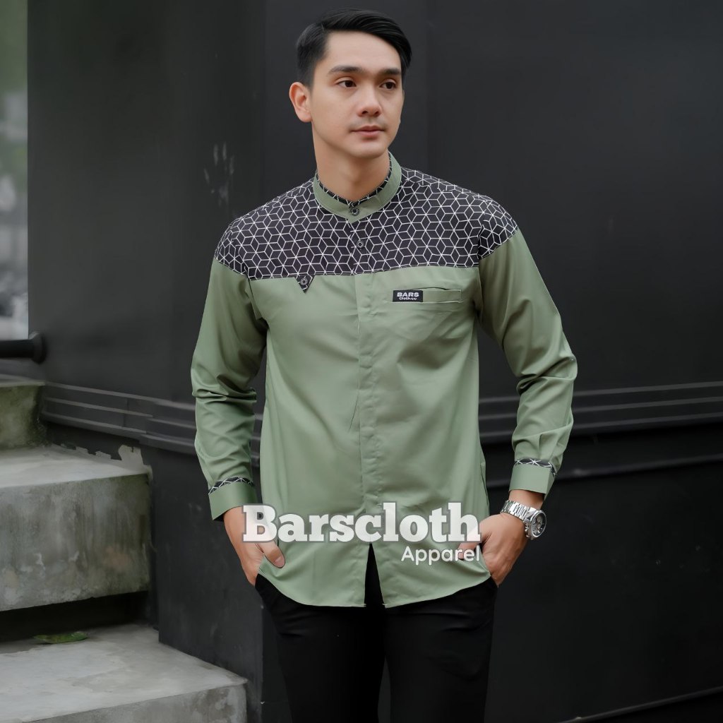 Baju Koko Pria Lengan Panjang Warna Green Sage Motif Marvel Elrumi