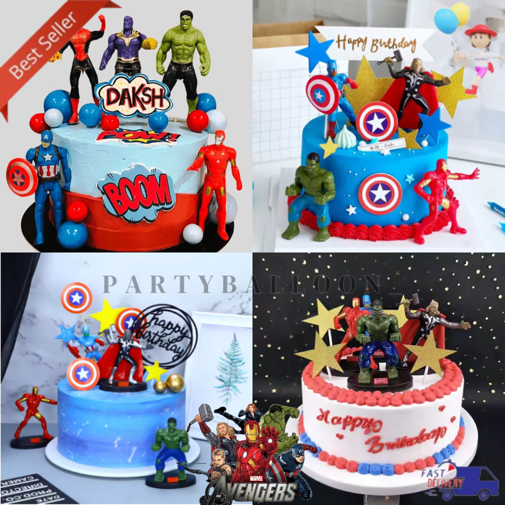 4Pcs Hiasan Kue Mainan Miniatur 3D Karakter Avengers Tema Superhero Thor Captain Amerika Hulk Iron M