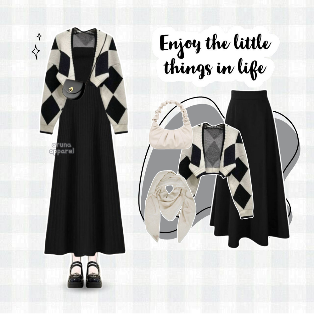 One Set 3in1 Casual Remaja (Hijab,Tas,Cardigan,Rok) Outfit Monocrom Remaja OOTD Remaja Kekinian - AA