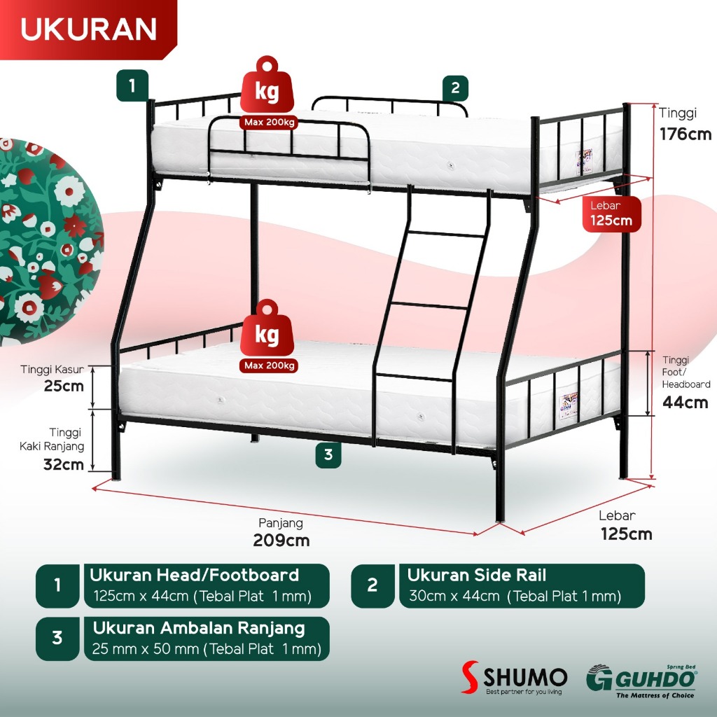 CITRA FURNITURE GUHDO SPRINGBEDXSHUMO Ranjang Besi Bunk Bed Tingkat 90/120 Spring Bed Guhdo Full Set