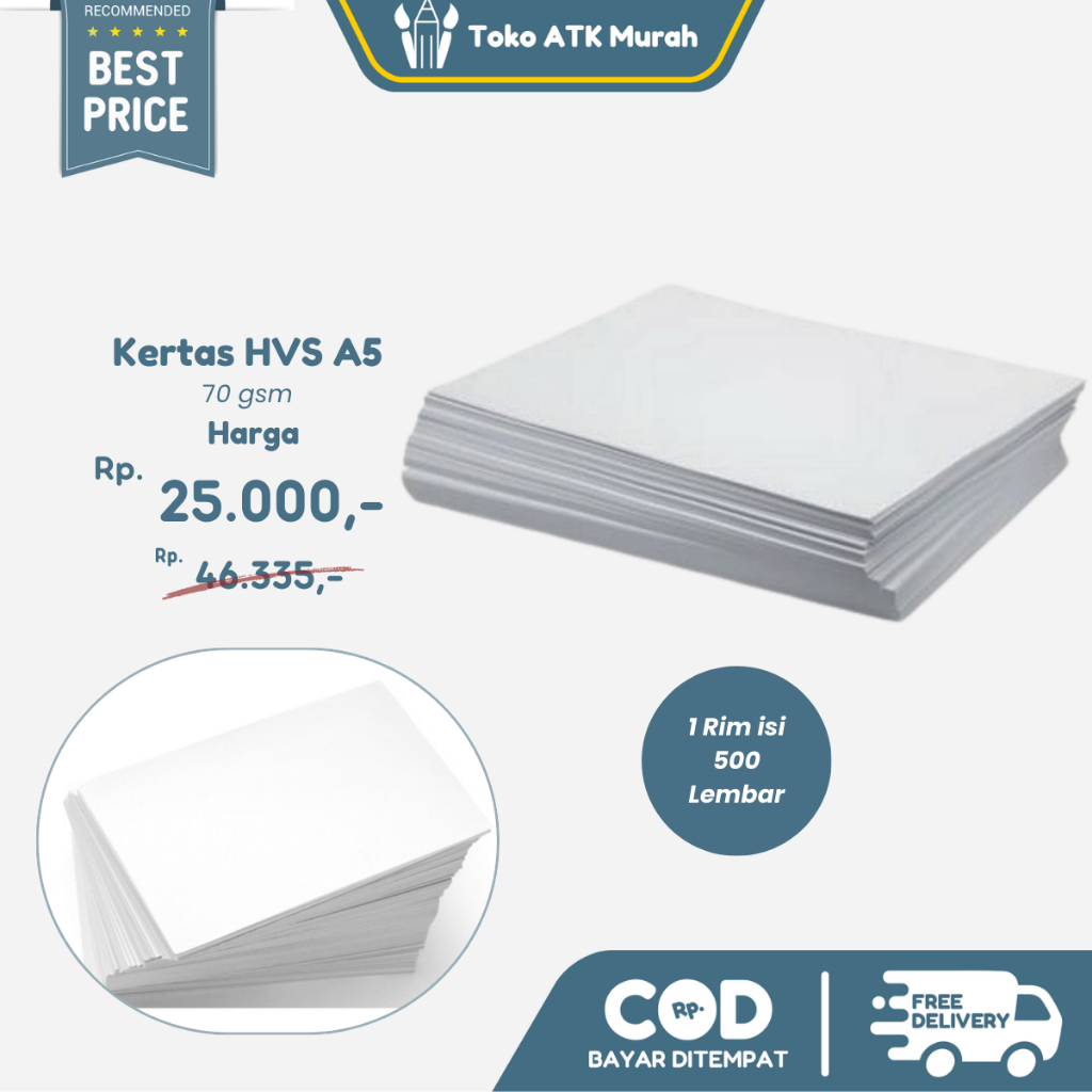 

Kertas HVS A5 70 / 80 GSM Non Brand Termurah - Eceran 1 RIM (500 lembar)