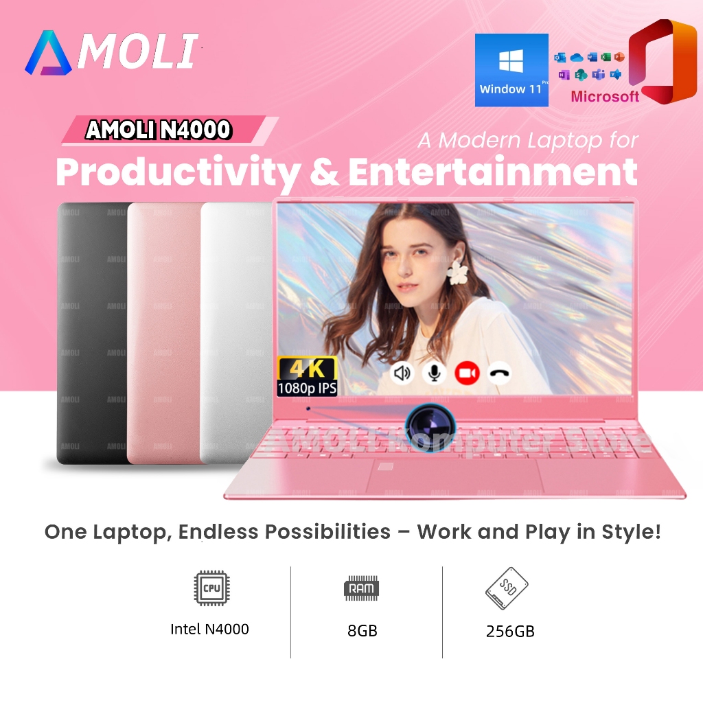 「Garansi Resmi 」AMOLI  Pink / Hitam/ Silver Asli Baru Laptop gaming RAM 8GB + SSD 256GB 15.6"IPS Int