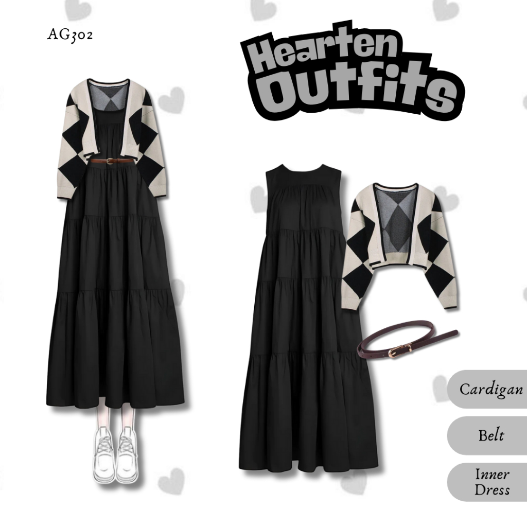 3in1 One Set Wanita Kekinian Douyin Outfit Set | Inner Dress + Cardigan + Belt | Outfit Korean Style