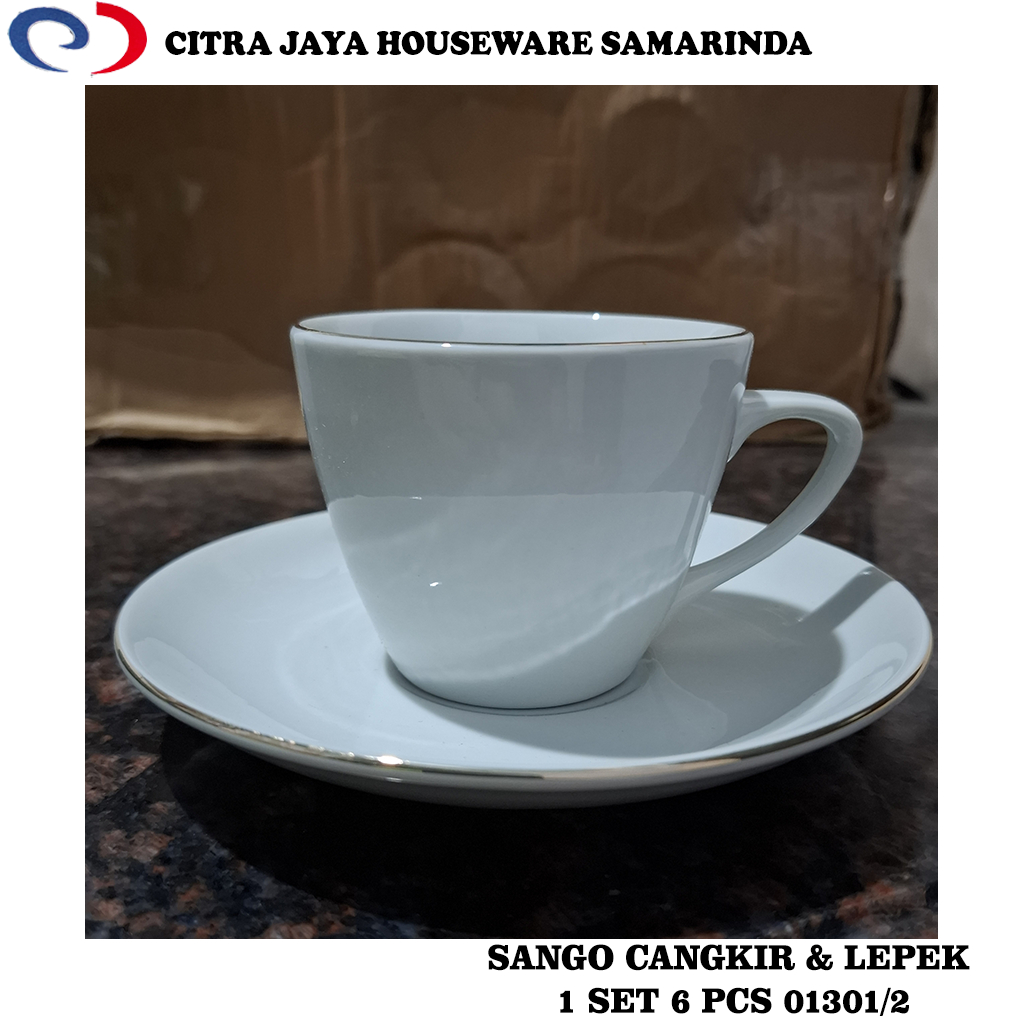 Cangkir 200 ML & Lepek KERAMIK PUTIH LES EMAS SANGO HOLLAND 01301/2 (PERKOTAK ISI 6 PCS CANGKIR & 6 