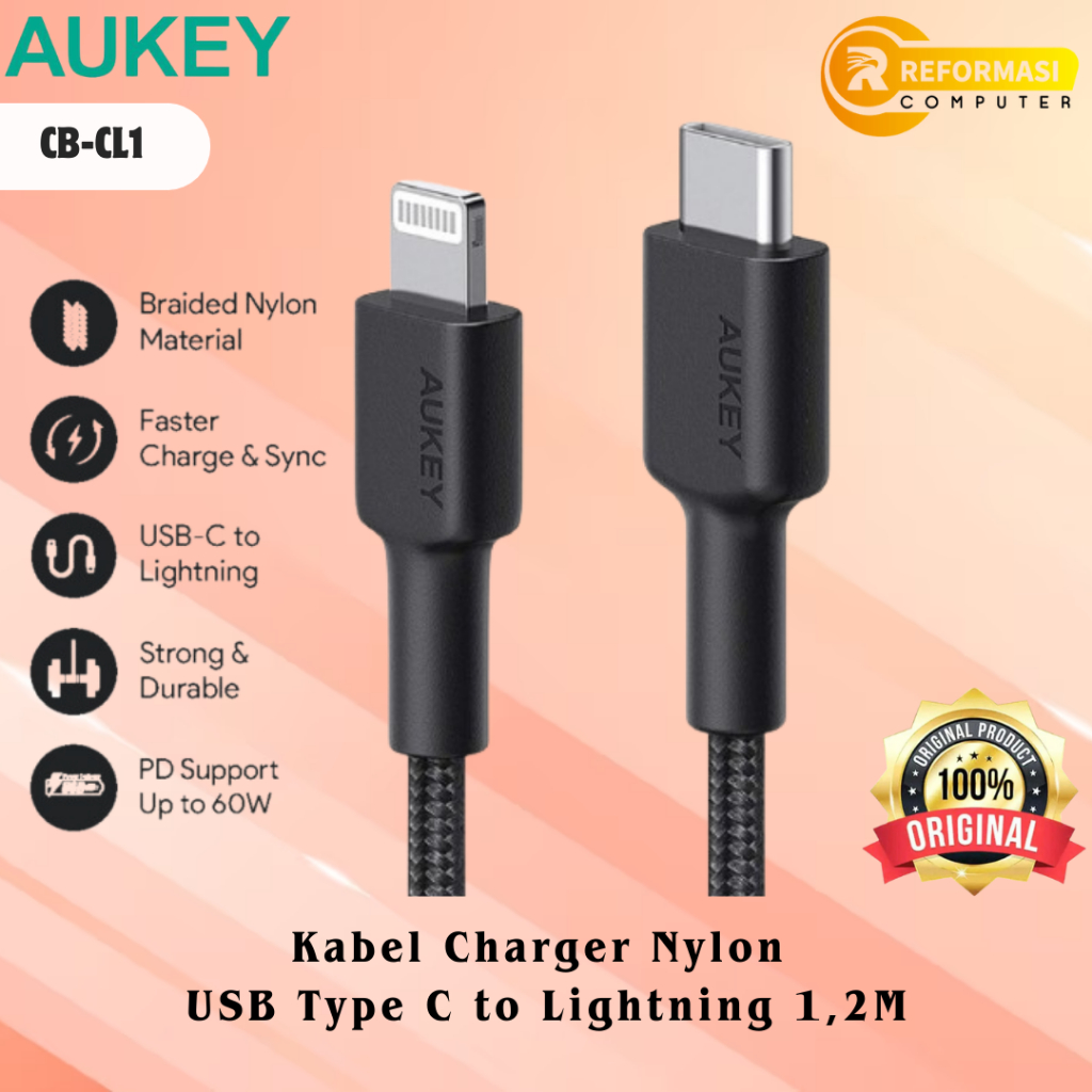 AUKEY Kabel Charger Aukey Nylon USB Type C to Lightning 1,2M CB-CL1