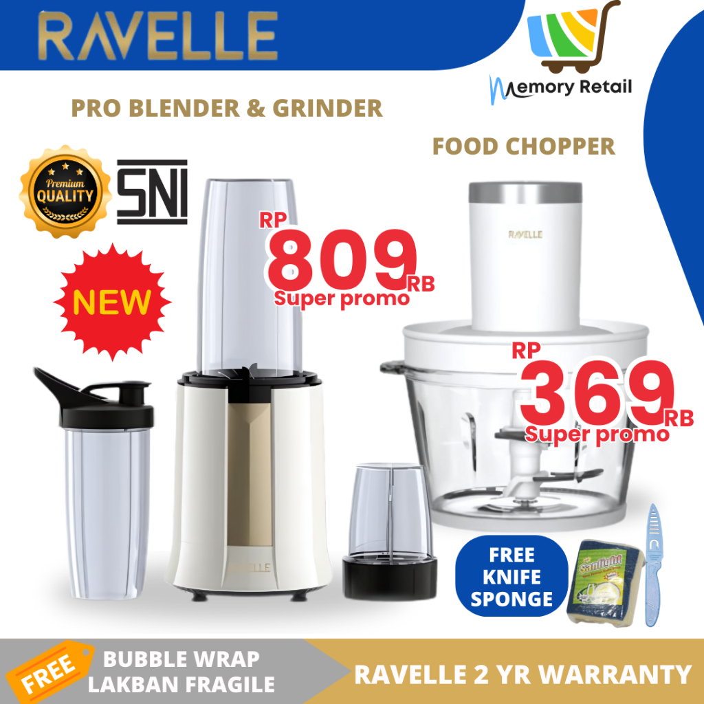 RAVELLE Premium Chopper Blender Penghalus Bumbu Penggiling Daging BPA Free Low Watt Hadiah Arisan Pe