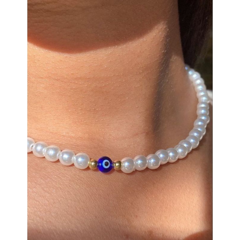 Kalung Beads Evil Eye Mutiara Ringan Mutsin Putih