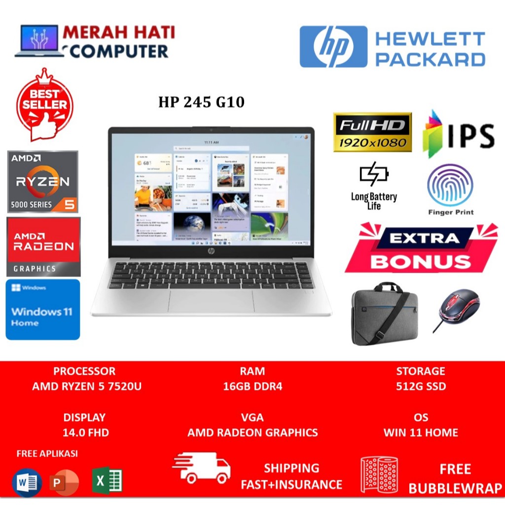 Laptop Gaming Hp 245 G10 Ryzen 5 7520U Ram 16gb 512gb ssd Full HD Fingerprint Silver
