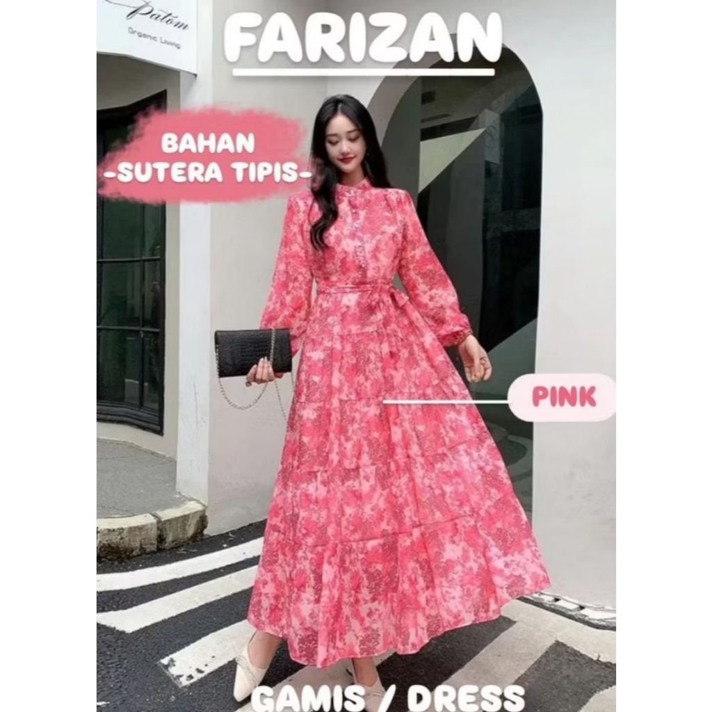 [FARIZAN] maxi dress lengan panjang motif bunga bahan sifon hijab friendly