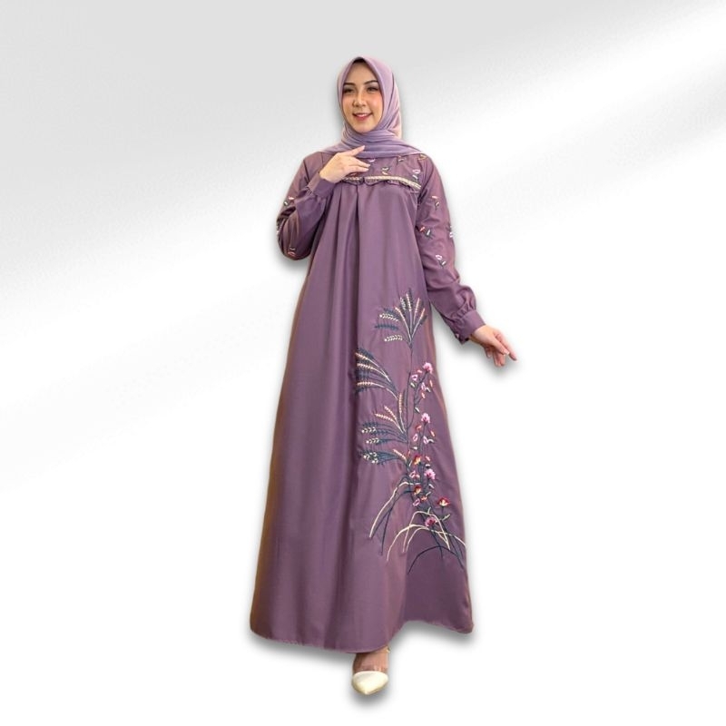 Radia Fashion Gamis Toyobo Bordir Motif Bunga Baju Muslim Wanita Dewasa Model A Line